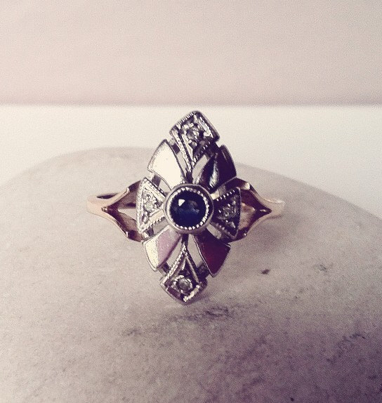 Hochzeit - Vintage art deco style sapphire and diamond navette statement 9k gold engagement ring 1980s