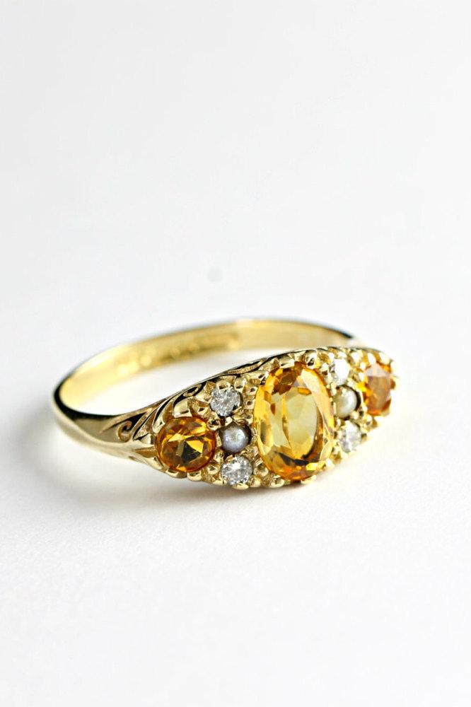 زفاف - Art Deco 1920's 9ct gold Citrine, Pearl and Diamond engagement ring