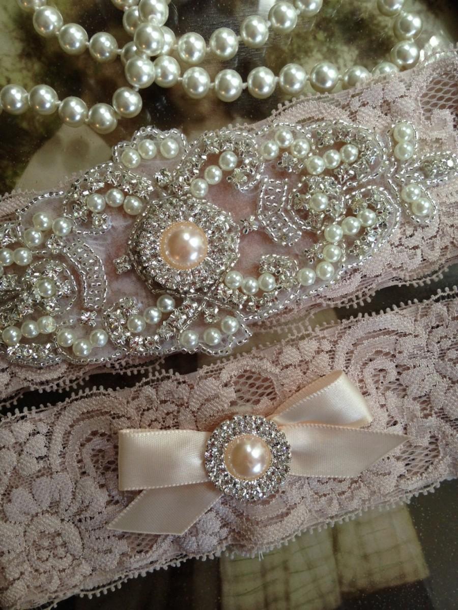 Hochzeit - Wedding Garter-Garter-Garters-Champagne-Rhinestone Garter-Blush-champagne garter-blush garter-lace-bridal garter-accessories-pearl-vintage