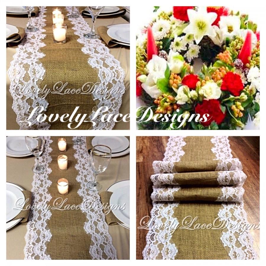 Hochzeit - CHRISTMAS Table Runner/ Burlap & White Lace, 5ft-10ft x 12in Wide/ Wedding Decor/Tabletop Decor/Hostess gift/Holiday table decoration