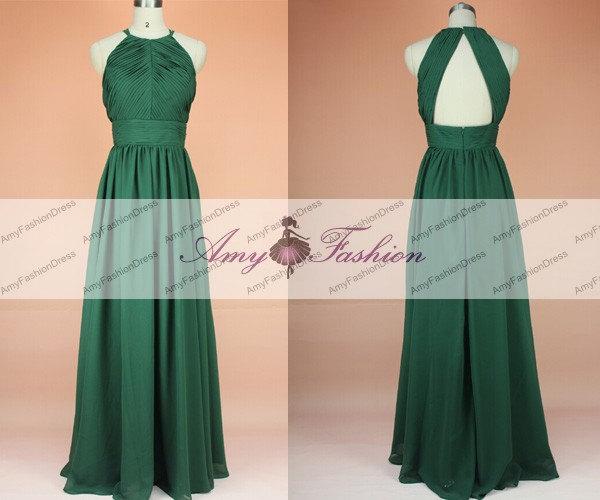 Hochzeit - Emerald Green Bridesmaid Dress Long Dark Green Evening Gown Backless Prom Dress Flowy Dresses Chiffon Cheap Green Bridesmaid Dresses 2015