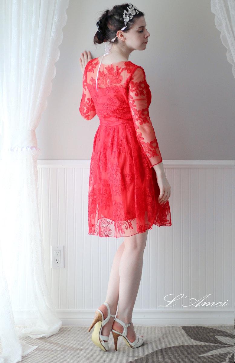 Wedding - Red Lace Short Mini Cocktail, Prom or wedding party dress. Bridesmaid Wedding Dress