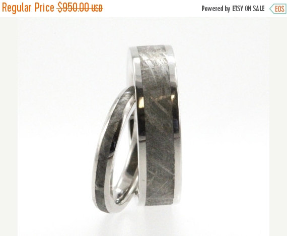 Wedding - Holiday Sale 15% Off Meteorite Ring in Titanium, Wedding Band Set, Meteorite Titanium Rings