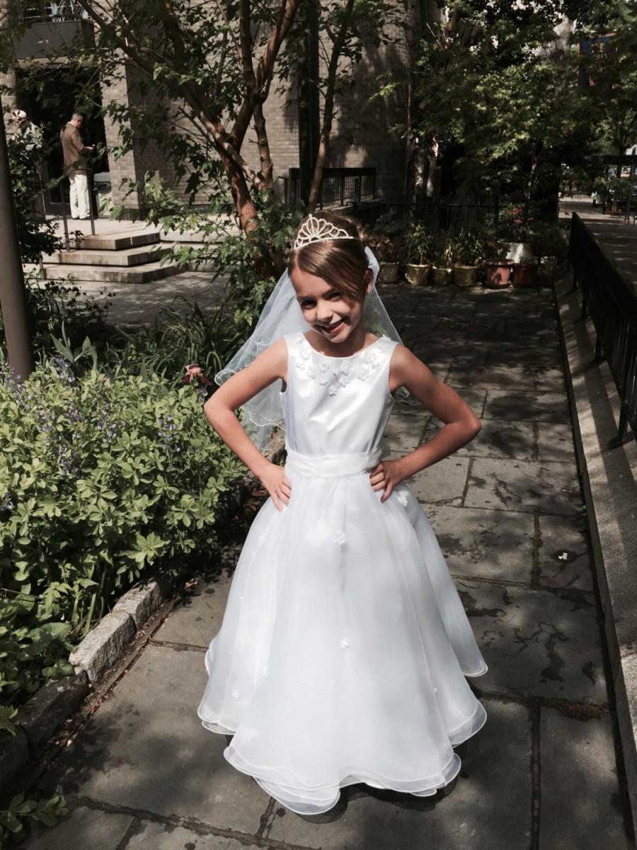Hochzeit - TheWeePrincess Beautiful Tea Length First Communion Dress or Flower Girl Dress with Satin and Pearls