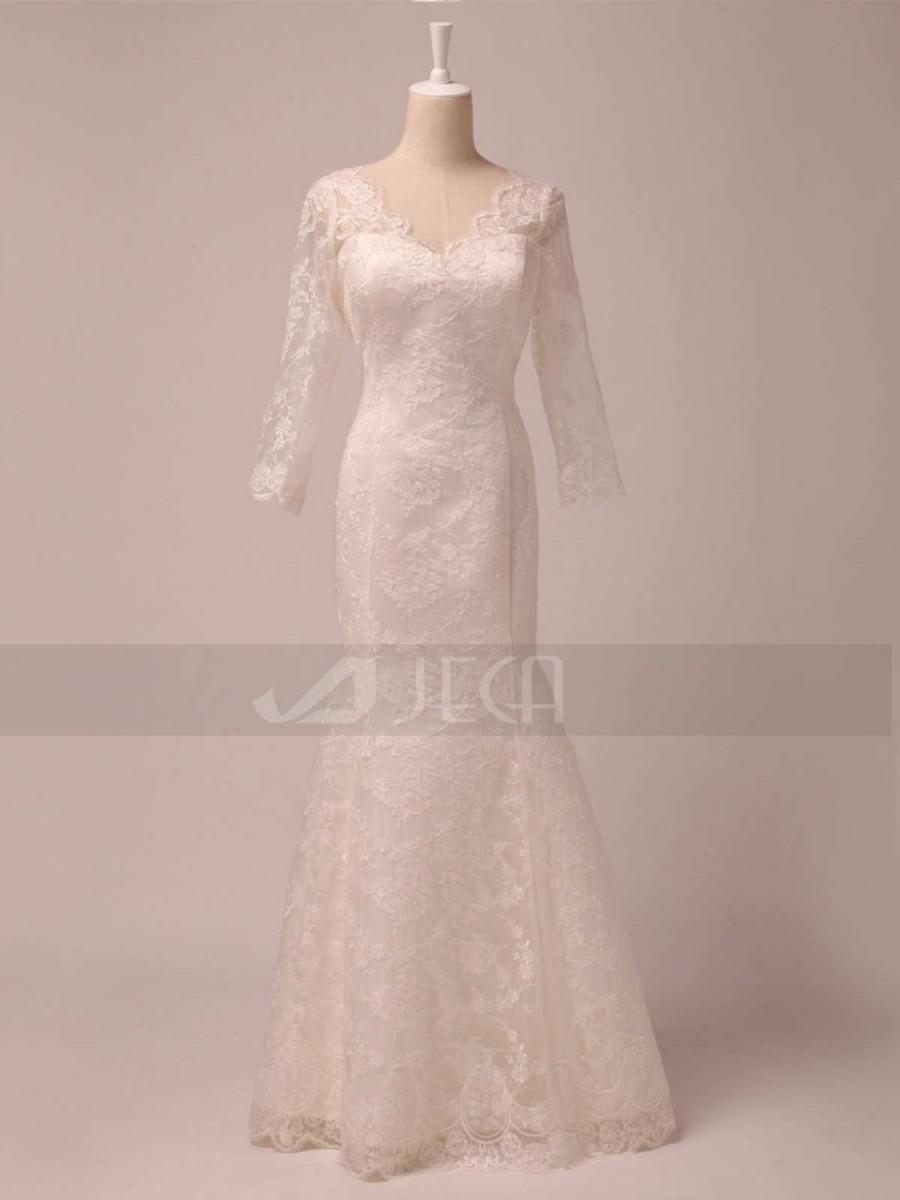 Hochzeit - Vintage Inspired 3/4 Length Illusion Lace Sleeves Fall Wedding Dress Winter Wedding Dress