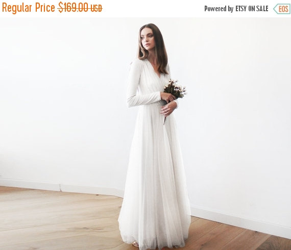 Wedding - Ivory maxi tulle gown with long sleeves , Wedding maxi tulle gown