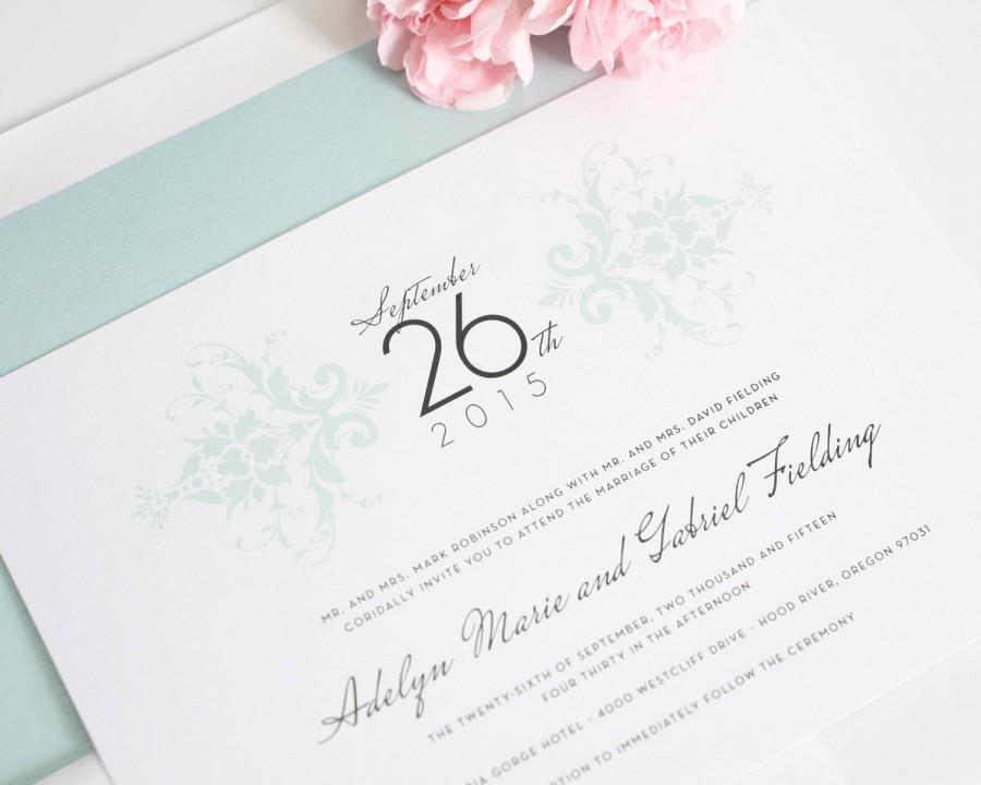 Hochzeit - Mint Blue Wedding Invitation Suite - Pastel Blue Damask Pattern, Charcoal Gray, Black - Elegant Damask Wedding Invitation Sample Set