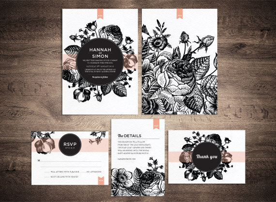 Wedding - Vintage floral wedding invitation suite - printable set of 4