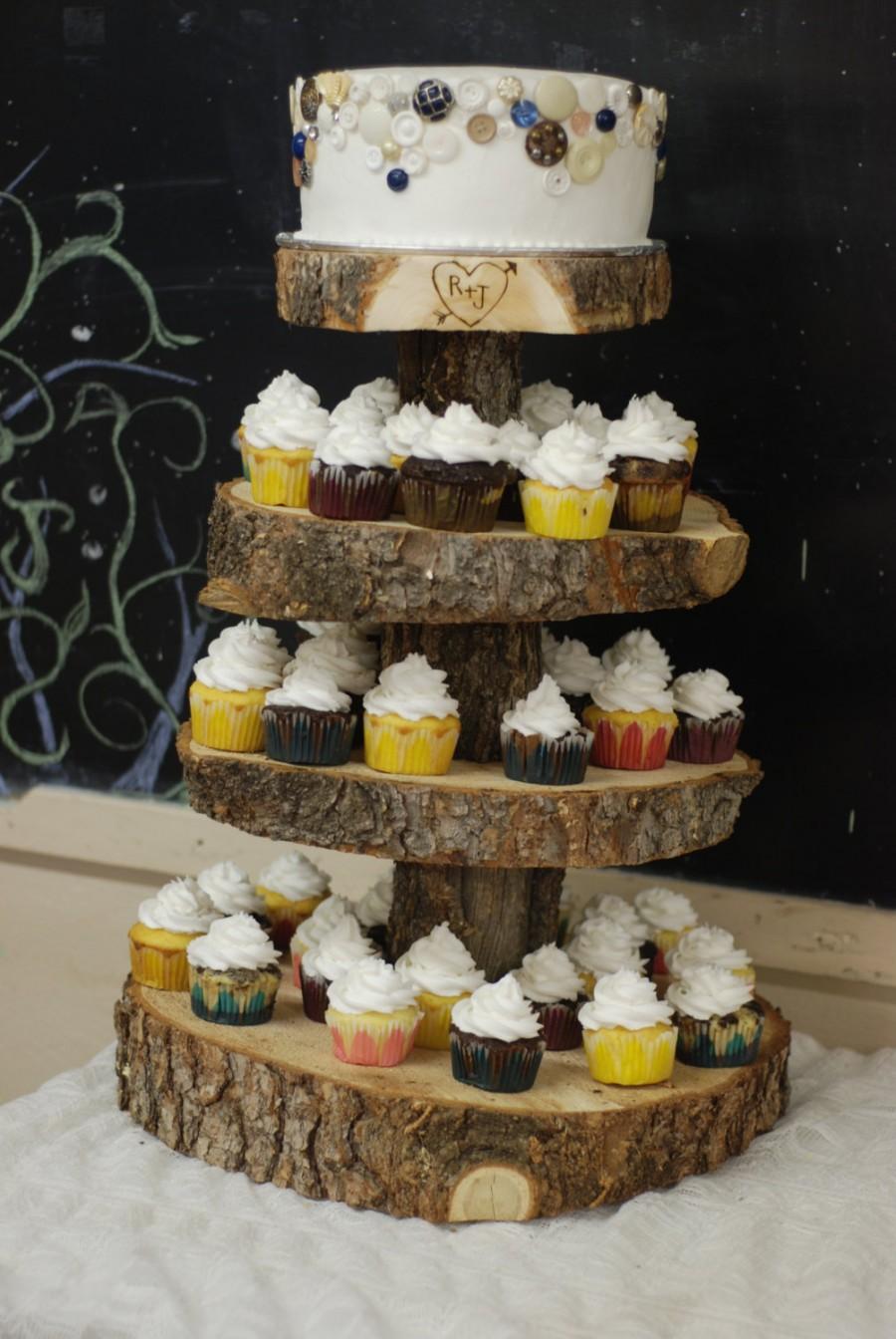 Hochzeit - Rustic Wood Tree Slice 4-tier Cupcake Stand for your Wedding, Event, or Party (As seen on HGTV.com) Vintage, Shabby Chic, Heart and Arrow