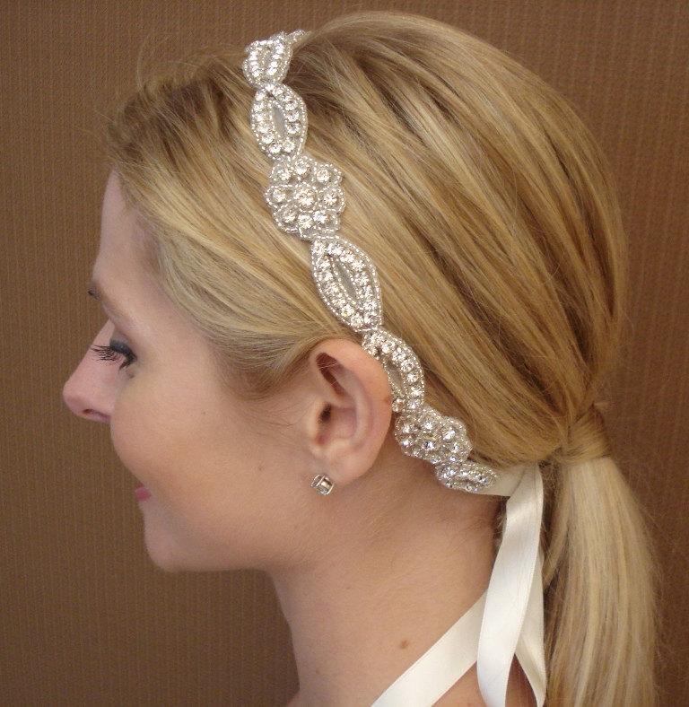 Hochzeit - Bridal Rhinestone Headband / Sash in Ivory or White Satin Ribbon