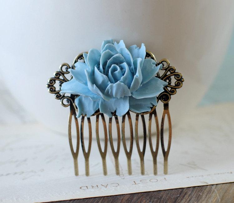 Mariage - Dusky Blue Rose Flower Matte Antique Bronze Filigree Hair Comb. Vintage Inspired Bridal Hair Comb, Bridesmaids Gift, Wedding Hair Accessory