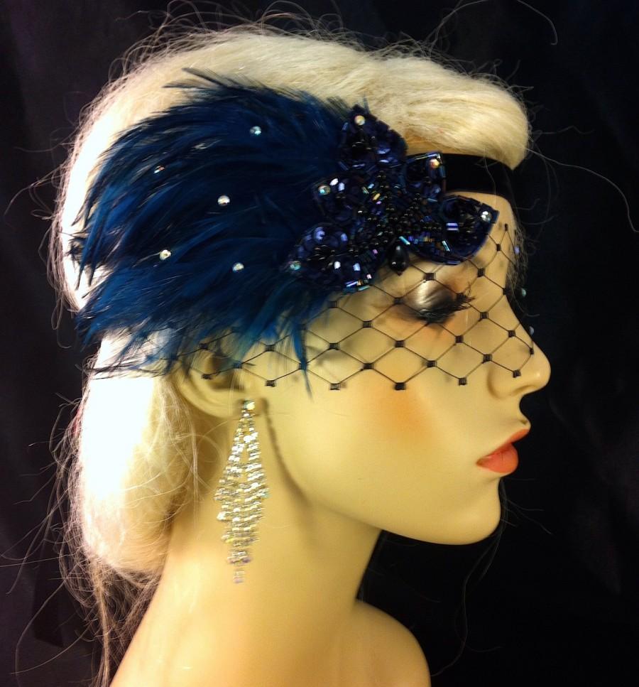 Wedding - Great Gatsby Headband, Flapper Headband, Downton Abbey, Headband, 1920s Head Piece, Art Deco Headband, SAPPHIRE BLUE, Soft Velvet Ties