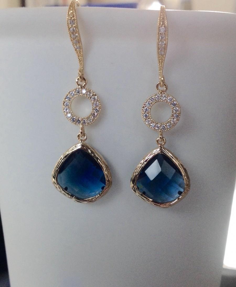 Mariage - Drop Earrings, Gold Earrings, Gift for her,  Dangle Earings, Something Blue sapphire Earrings, Wedding Jewelry, Christmas Gift for mom