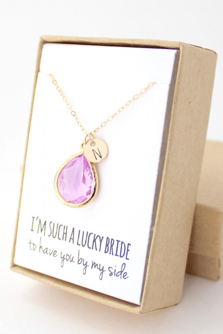 Hochzeit - Lavender Purple / Gold Teardrop Necklace - Purple Bridesmaid Necklace - Bridesmaid Gift Jewelry - Lavender and Gold Necklace - NB1