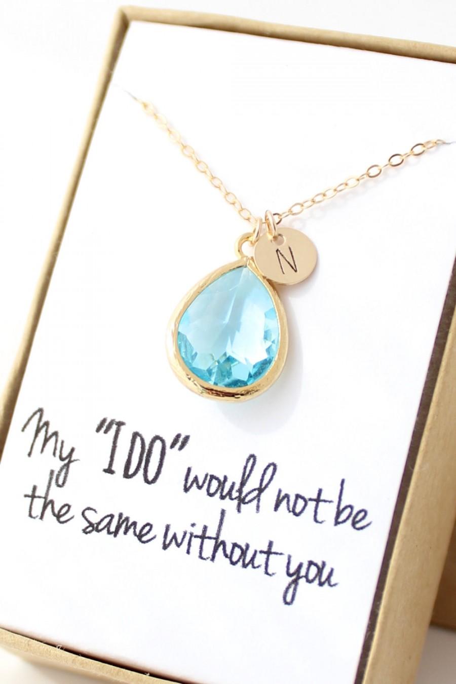 Hochzeit - Aqua Blue / Gold Teardrop Necklace - Aquamarine Bridesmaid Necklace - Bridesmaid Gift Jewelry - Aqua and Gold Necklace - NB1
