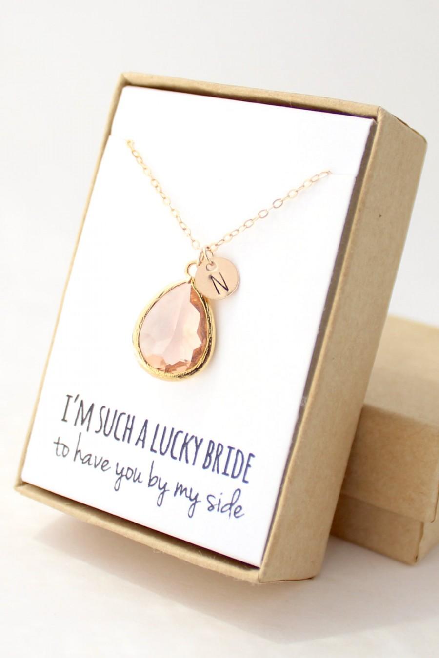 Mariage - Peach Champagne / Gold Teardrop Necklace - Peach Champagne Bridesmaid Necklace - Bridesmaid Gift Jewelry - Peach and Gold Necklace - NB1