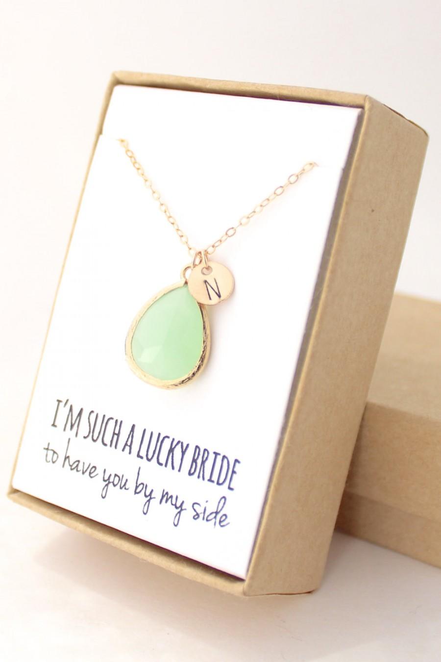 Hochzeit - Light Mint / Gold Teardrop Necklace - Mint Bridesmaid Necklace - Bridesmaid Gift Jewelry - Mint and Gold Necklace - NB1