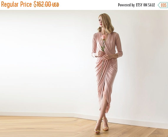 Mariage - Maxi wrap pink dress, Maxi pink gown with long sleeves