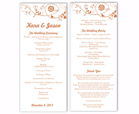 Свадьба - Wedding Program Template DIY Editable Text Word File Download Program Orange Program Bird Floral Program Printable Wedding Program 4x9.25"