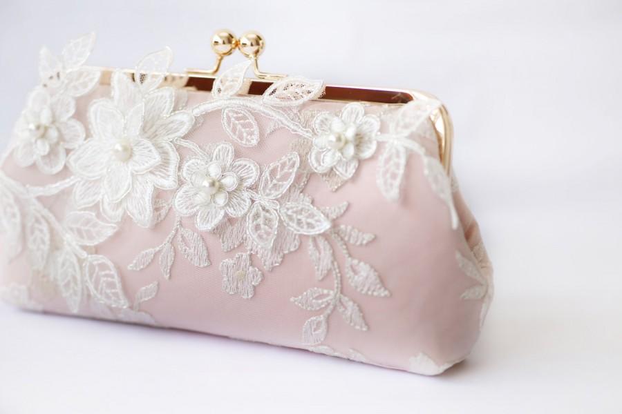 Wedding - Bridal Clutch with Magnolia Flower Vine Lace in Blush Pink and Rose Gold 8-inches