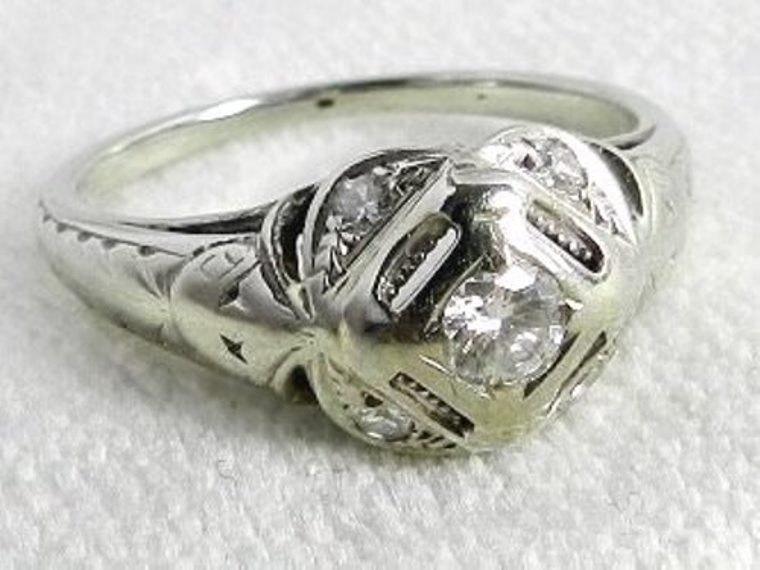 Wedding - Art Deco Engagement Ring 0.33 cttw Old European Cut Diamond Engagement Ring in 18k White Gold 1/3 cttw