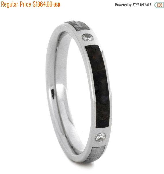 Hochzeit - Holiday Sale 15% Off Diamond Ring For Women with Dinosaur Bone and Meteorite Inlays, Palladium Ring, Womens Enagement Ring