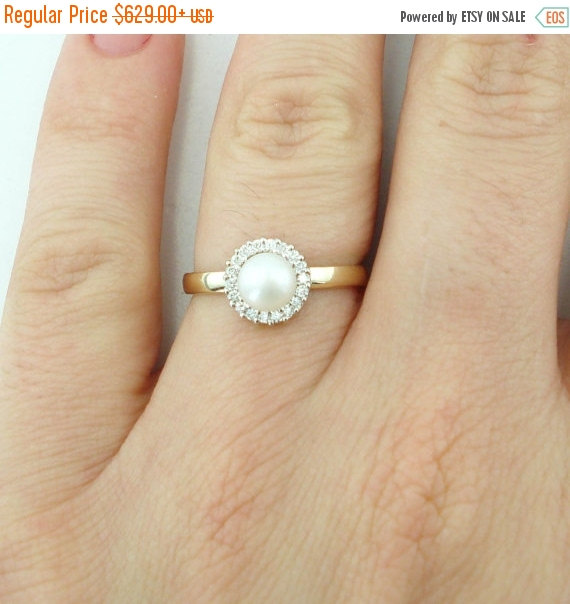 Wedding - Christmas SALE Pearl Engagement Ring, Pearl and Diamond Ring, June Birthstone Ring, Bridal Ring, Fast Free Shipping