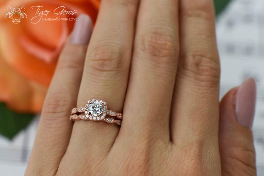 Свадьба - 3/4 Carat Halo Wedding Set, Vintage Bridal Rings, Man Made Diamond Simulants, Art Deco, Engagement Rings, Sterling Silver & ROSE Gold