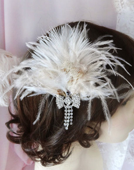 Hochzeit - Feathered bridal headpiece, wedding hair accessories, white and champagne feathers, rhinestone adornment, ostrich feathers Style 218