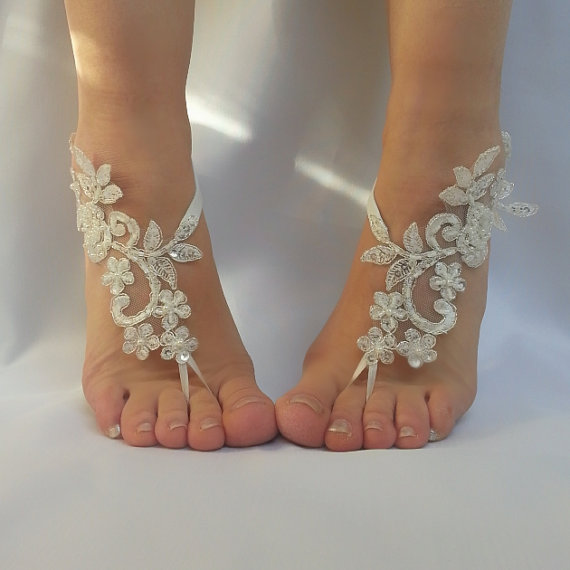 Mariage - ivory Barefoot silver frame , french lace sandals, wedding anklet, Beach wedding barefoot sandals, embroidered sandals.