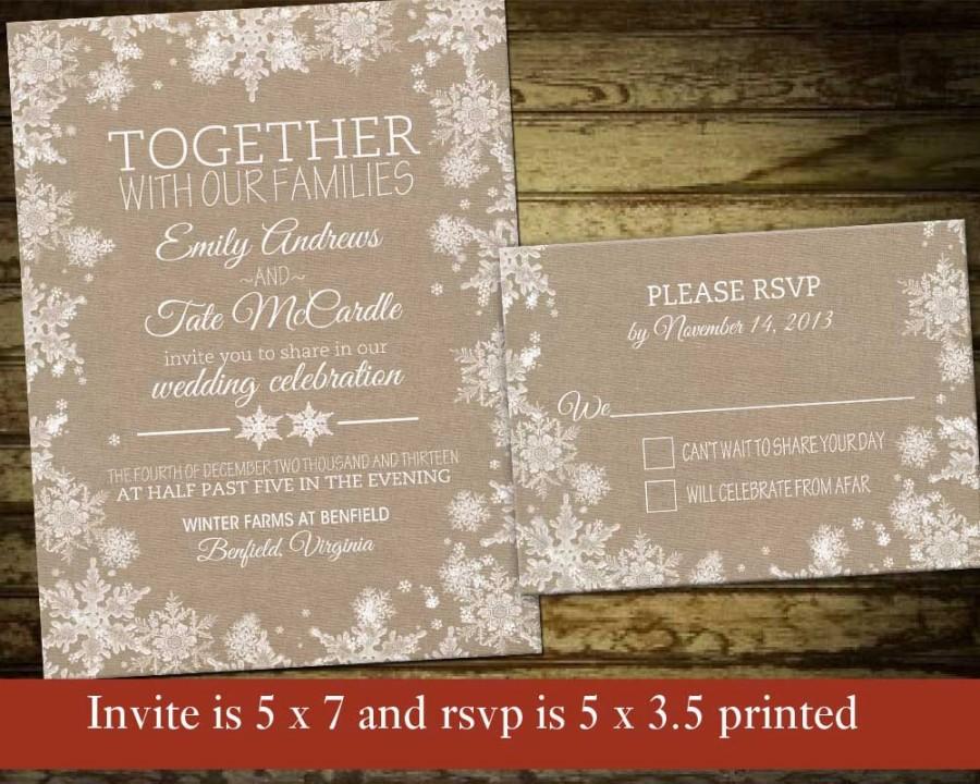 Свадьба - Rustic Snowflake Winter Wedding Invitations with Lace Snowflakes on Burlap 
