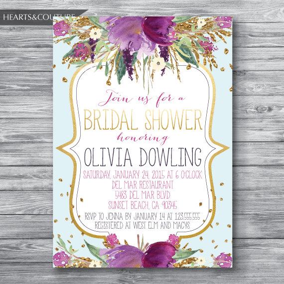 Hochzeit - Bridal Shower Invitation,WEDDING SHOWER INVITE,Floral bridal shower invitation,Gold Glitter Bridal Shower,Purple Floral Invitation,confetti