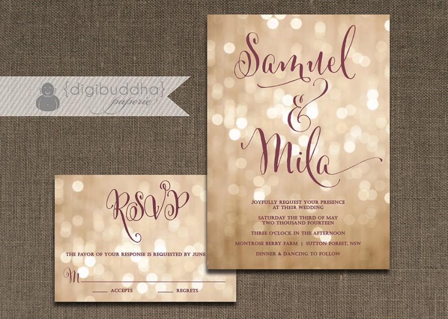 Свадьба - Champagne Bokeh Wedding Invitation & RSVP 2 Piece Suite Plum Gold Lights Modern Script Shabby Chic Pastel CUSTOM COLORS DiY or Printed- Mila