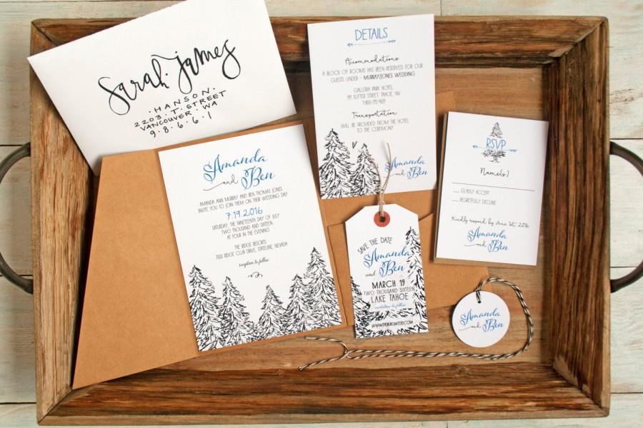 Свадьба - Pine Tree Pencil Drawing Wedding Invitation - Outdoor, Mountain, or Winter Wedding Theme - Lake Tahoe Anyone? - Design Fee