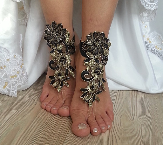 Hochzeit - bridal anklet, Beach wedding barefoot sandals, gothic , yoga, bellydance, steampunk, gold black anklet, wedding shoes, summer wear
