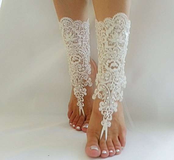 Wedding - ivory Barefoot , french lace sandals, wedding anklet, Beach wedding barefoot sandals, embroidered sandals.