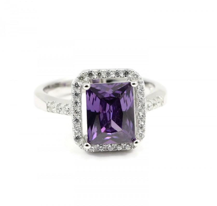 زفاف - Halo Solitaire Accent Wedding Engagement Ring 925 Sterling Silver 2.50 Carat Radiant Cut Purple Amethyst Round Russian Diamond Clear CZ