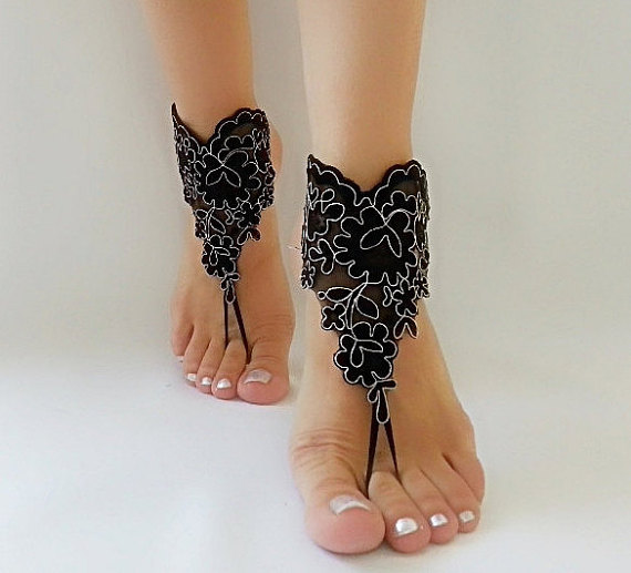 Wedding - Free ship Black silver french lace gothic barefoot sandals wedding prom party steampunk burlesque vampire bangle beach anklets bridal