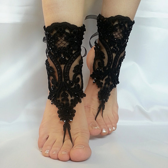 Wedding - Free ship Scaly Beaded Black french lace gothic barefoot sandals wedding prom party steampunk burlesque vampire bangle beach anklets bridal
