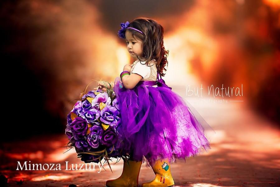 Mariage - Purple Flower girl dress, tutu dress,bridesmaid dress, princess dress, crochet top tulle dress, hand knit top tutu dress