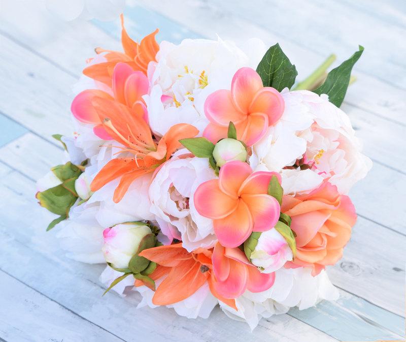 Wedding - Bouquet of Silk Blush Pink Coral Peonies, Plumerias and Roses Natural Touch Flower Wedding Bride Bouquet - Almost Fresh