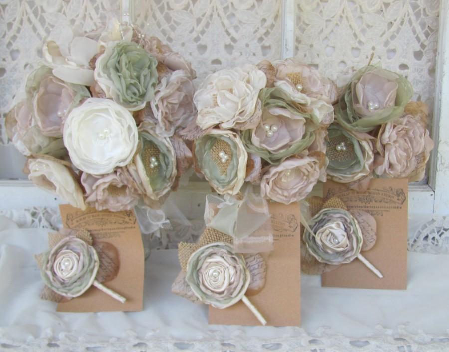 زفاف - Burlap Bridal Bouquet Package Alternative Bouquets Sage green and Blush wedding, Vintage Inspired Rusic Wedding