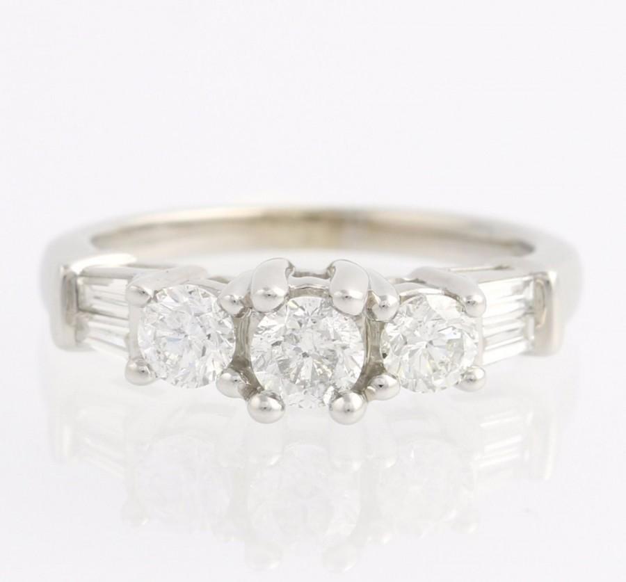 زفاف - Engagement Ring Diamond Three Stone w/ Accents - 14k White Gold Natural 1.00ctw Unique Engagement Ring L474