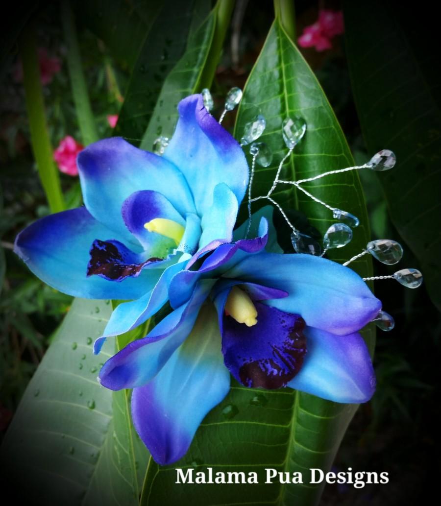 زفاف - BRIDAL FLOWER CLIP-Maui Blue Hawaiian Orchids, Tropical, Beach Wedding Accessory, Crystal Center, Headpiece, Tropical Hair Clip, Silk flower