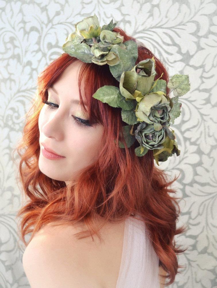Wedding - Flower crown, woodland hair wreath, green rose and ivy headpiece, woodland hair wreath, rustic hair accessory - Jade