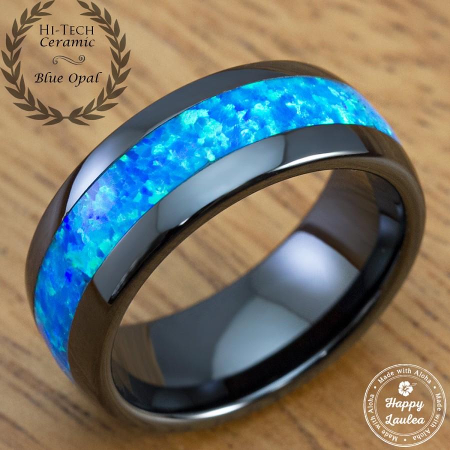 Hochzeit - Black Hi-Tech Ceramic Ring with Blue Opal Inlay (8mm Width, Barrel Shape Style, Comfort Fitment)