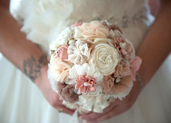 Hochzeit - wedding bouquet , fabric flowers, bridal bouquet  blush latte ivory bouquet