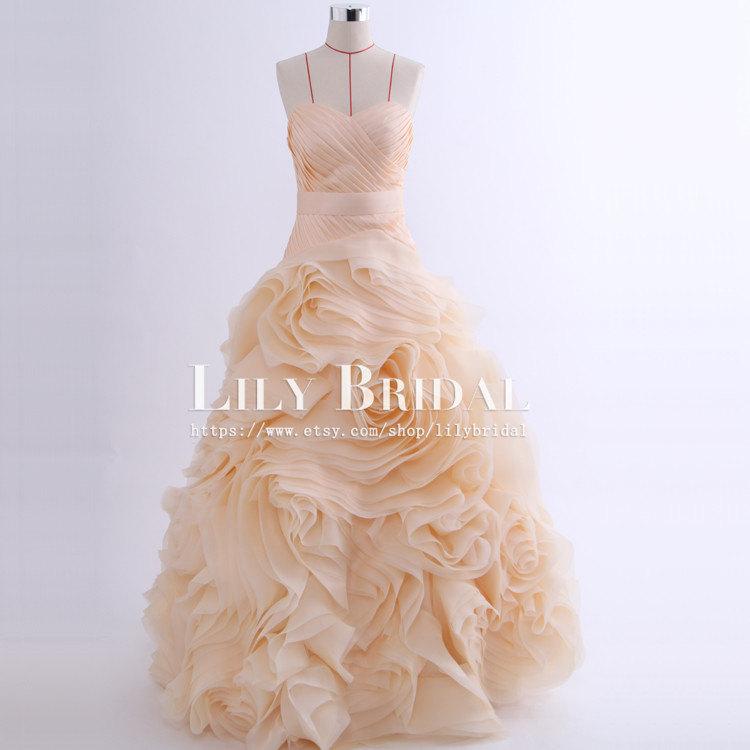 Hochzeit - Strapless sweetheart neckline ruffle organza skirt blush wedding dress,made to order
