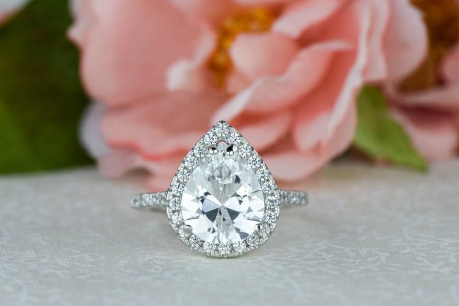 زفاف - 3.5 ctw, Classic Pear Halo Ring, Engagement Ring, Man Made Diamond Simulants, Wedding Ring, Bridal Ring, Promise Ring, Sterling Silver