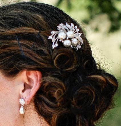 زفاف - Rhinestone Brooch Hair Comb,White Pearls, Bridal Hair Comb,Bridal Rhinestone Hair Comb,Statement Bridal Hair Comb, Vintage Style,Pearl,JULIE